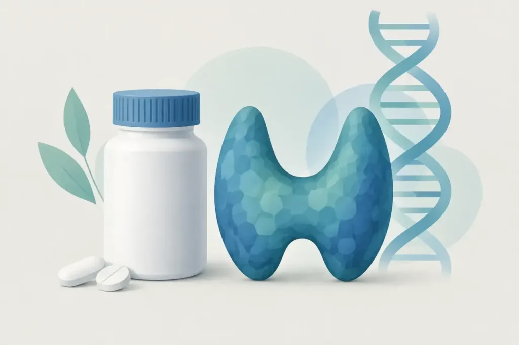 MCT8 deficiency treatment — Illustration of a generic medicine container, thyroid-shaped form, and genetic helix.