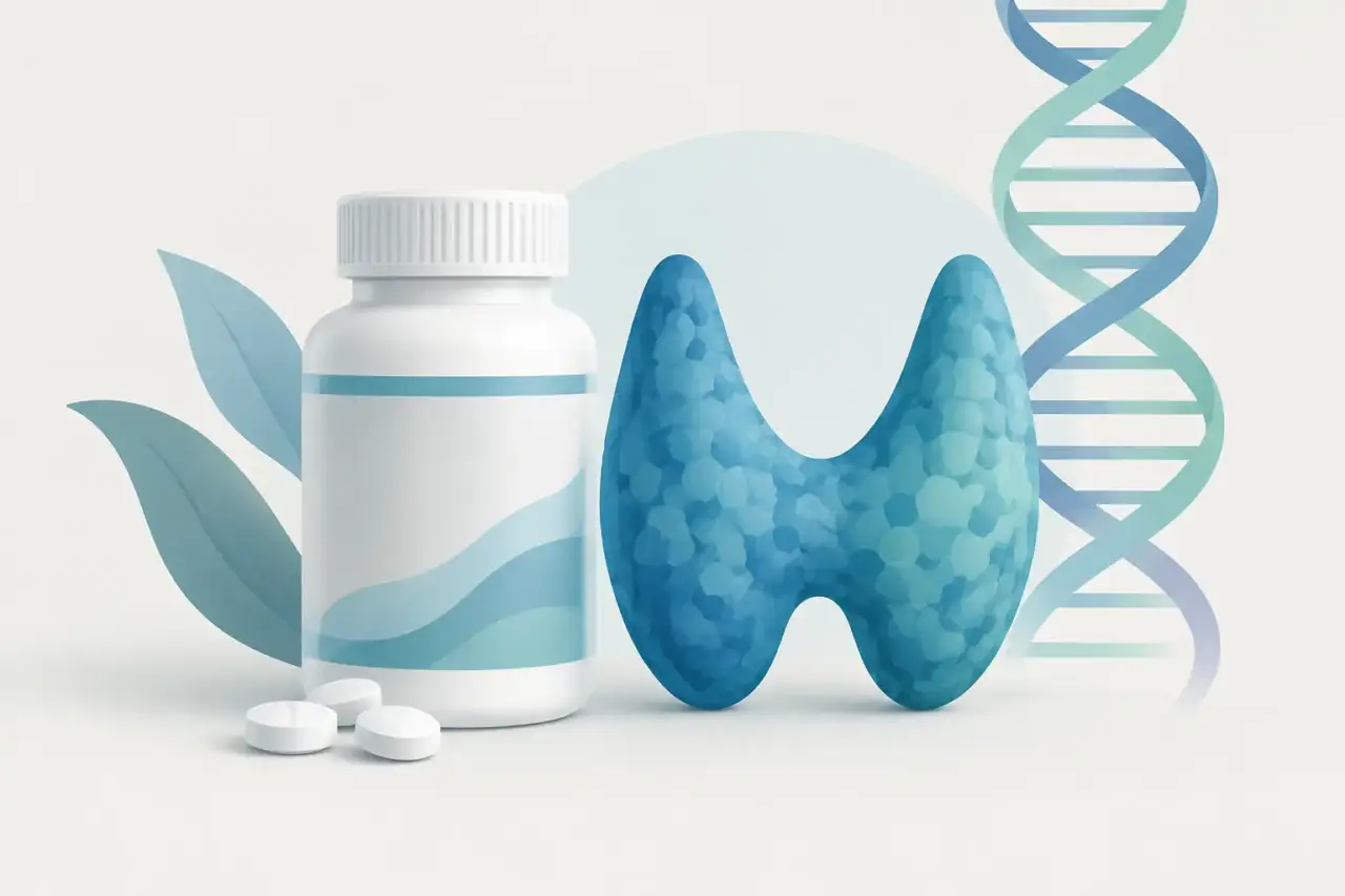 MCT8 deficiency treatment — Illustration of a generic medicine container, thyroid-shaped form, and genetic helix.