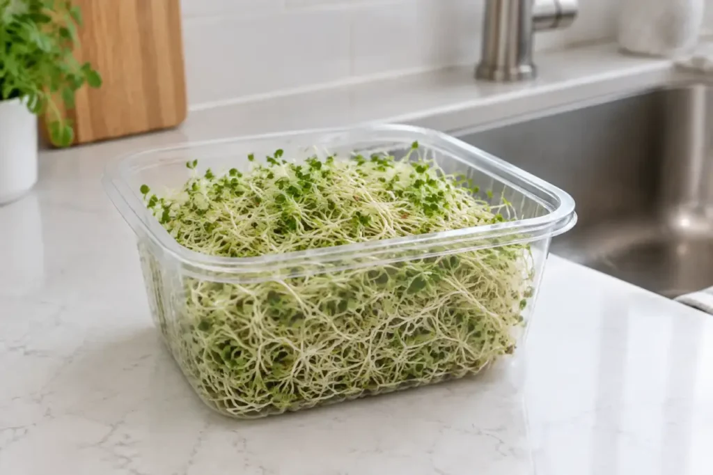 alfalfa sprouts outbreak — Alfalfa sprouts in an unbranded container on a kitchen counter.