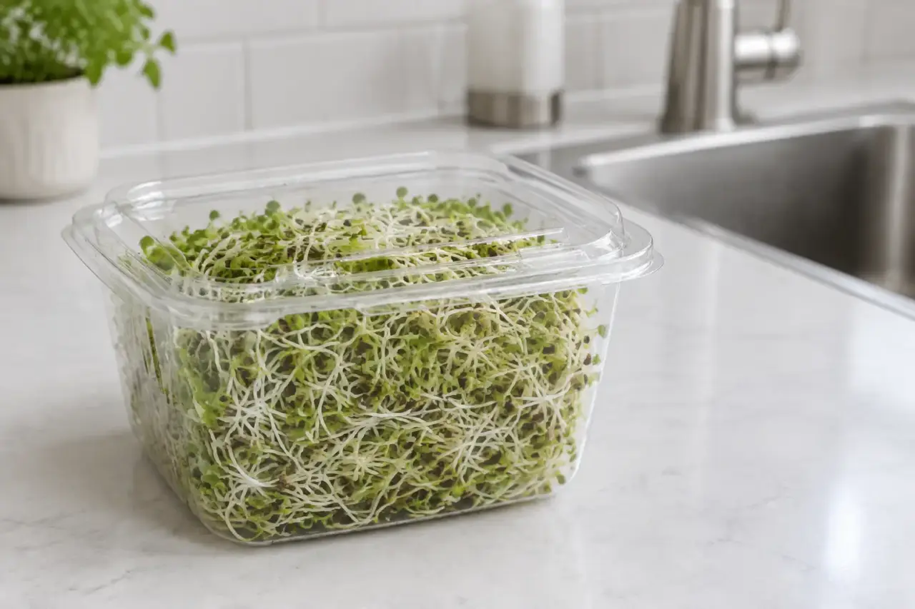 alfalfa sprouts outbreak — Alfalfa sprouts in an unbranded container on a kitchen counter.