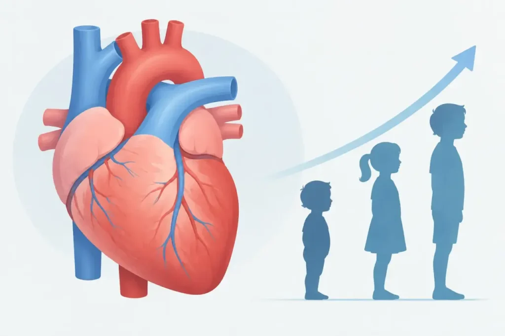 size-adjustable heart valve — Conceptual illustration of a heart alongside silhouettes representing childhood growth.