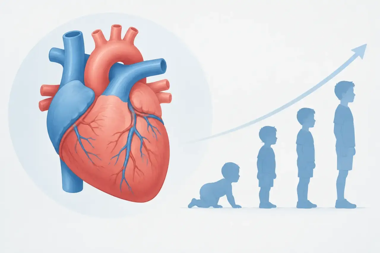size-adjustable heart valve — Conceptual illustration of a heart alongside silhouettes representing childhood growth.