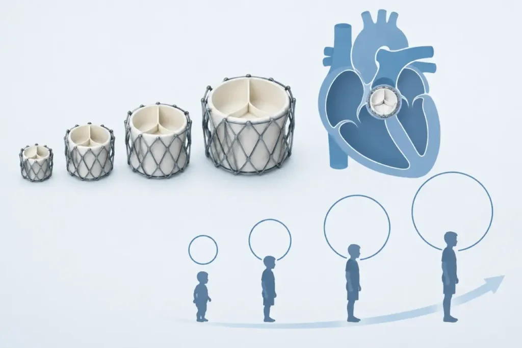 size-adjustable heart valve — Conceptual illustration of an expandable heart valve beside a heart silhouette.
