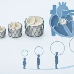 size-adjustable heart valve — Conceptual illustration of an expandable heart valve beside a heart silhouette.
