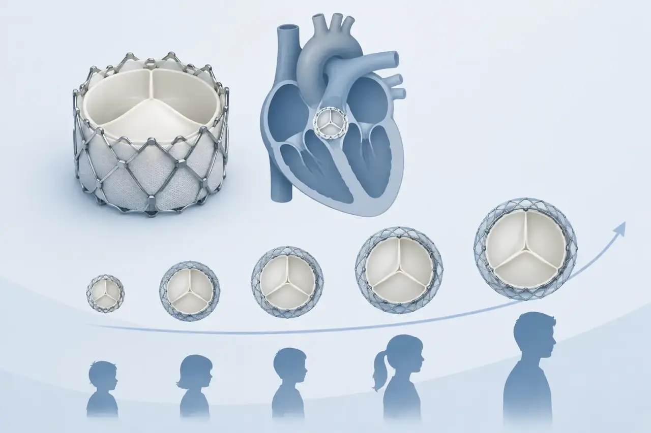 size-adjustable heart valve — Conceptual illustration of an expandable heart valve beside a heart silhouette.