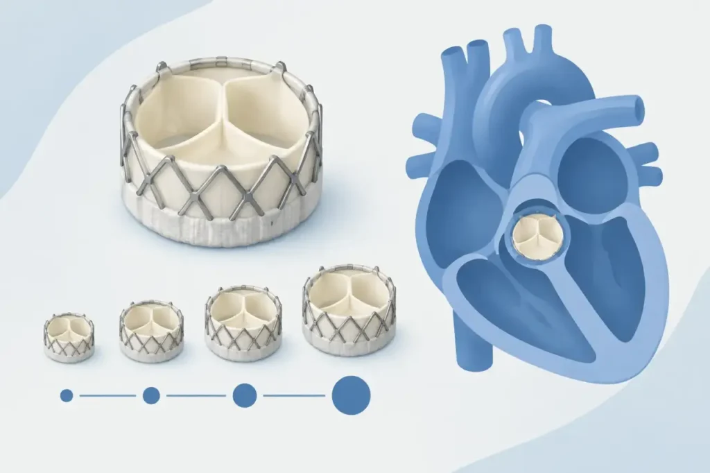 size-adjustable heart valve — Illustration of a heart valve beside a heart silhouette and circles representing different valve sizes.