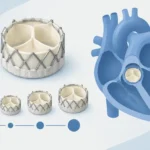 size-adjustable heart valve — Illustration of a heart valve beside a heart silhouette and circles representing different valve sizes.