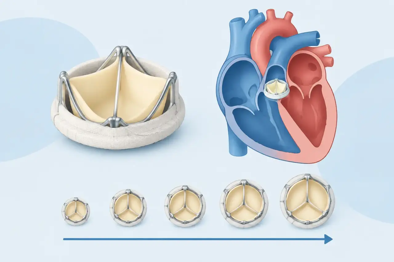size-adjustable heart valve — Illustration of a heart valve beside a heart silhouette and circles representing different valve sizes.