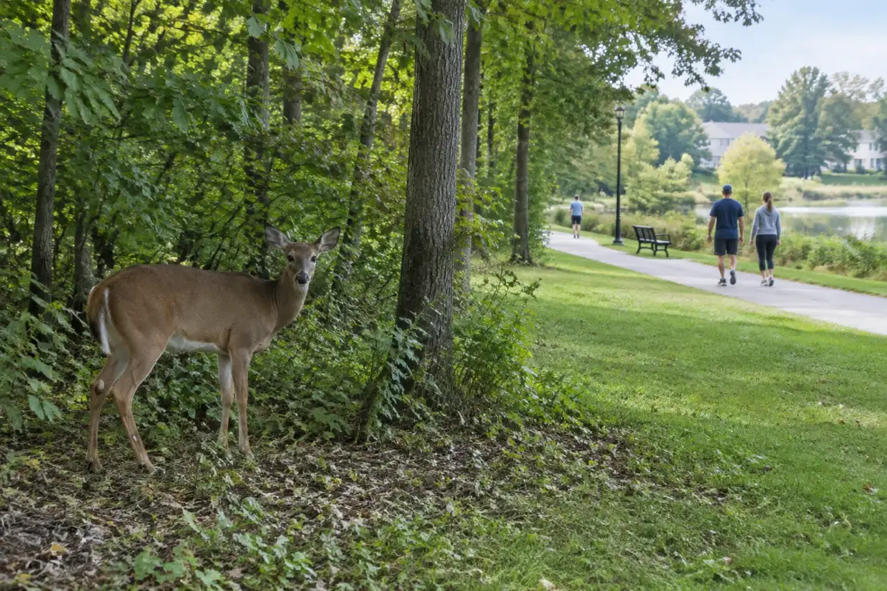 animal rabies activity — Illustration of a wild mammal near a wooded park with people walking at a distance.