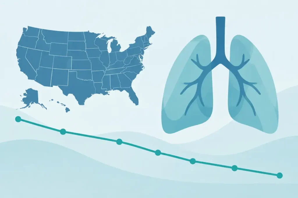 cancer death rates — Illustration of a US map, lung silhouette, and descending trend line.