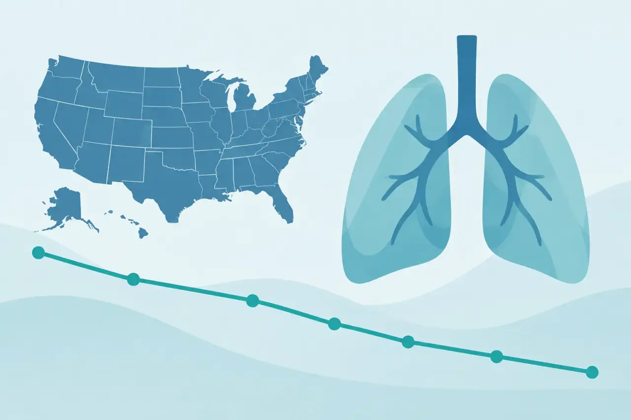 cancer death rates — Illustration of a US map, lung silhouette, and descending trend line.