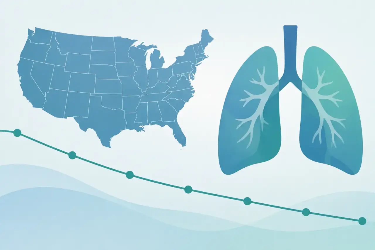 cancer death rates — Illustration of a US map, lung silhouette, and descending trend line.