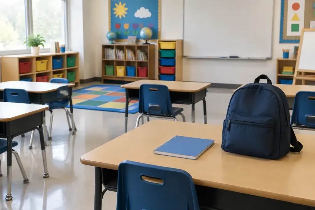 kindergarten vaccination data — Illustration of an empty kindergarten classroom with small desks and a school backpack.