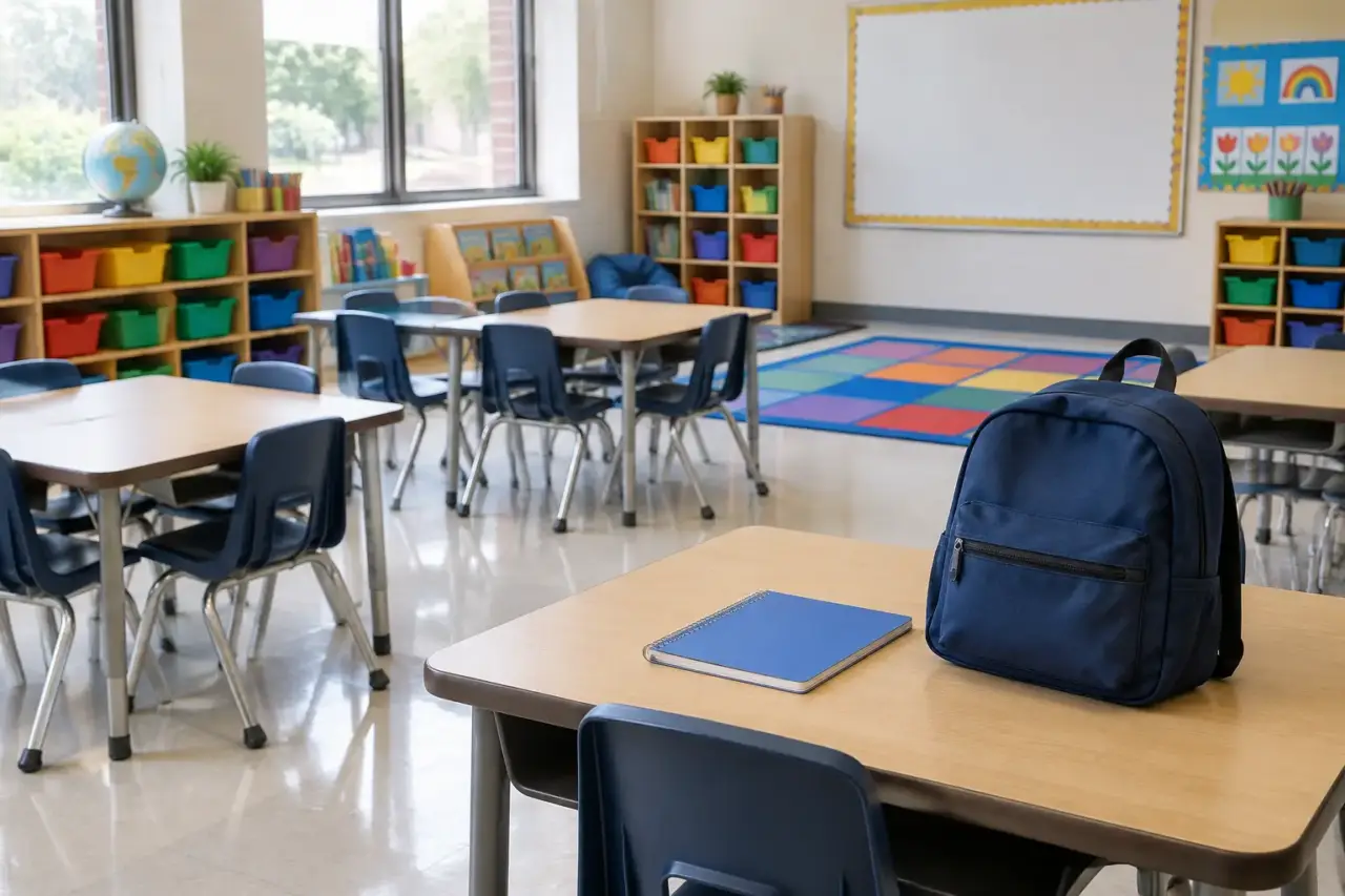 kindergarten vaccination data — Illustration of an empty kindergarten classroom with small desks and a school backpack.