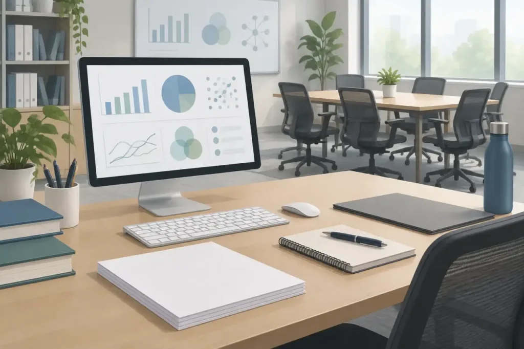 ibogaine research — Illustration of a research workspace with documents and abstract data on a computer.