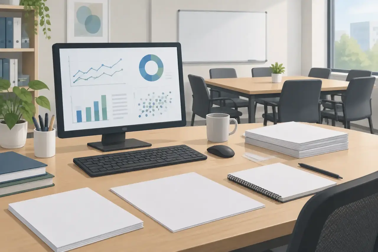 ibogaine research — Illustration of a research workspace with documents and abstract data on a computer.