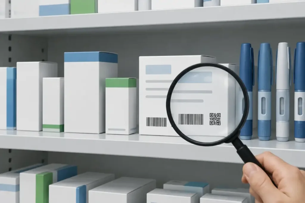 counterfeit Ozempic — Illustration of unbranded medicine packaging and injection pens beside a magnifying glass.