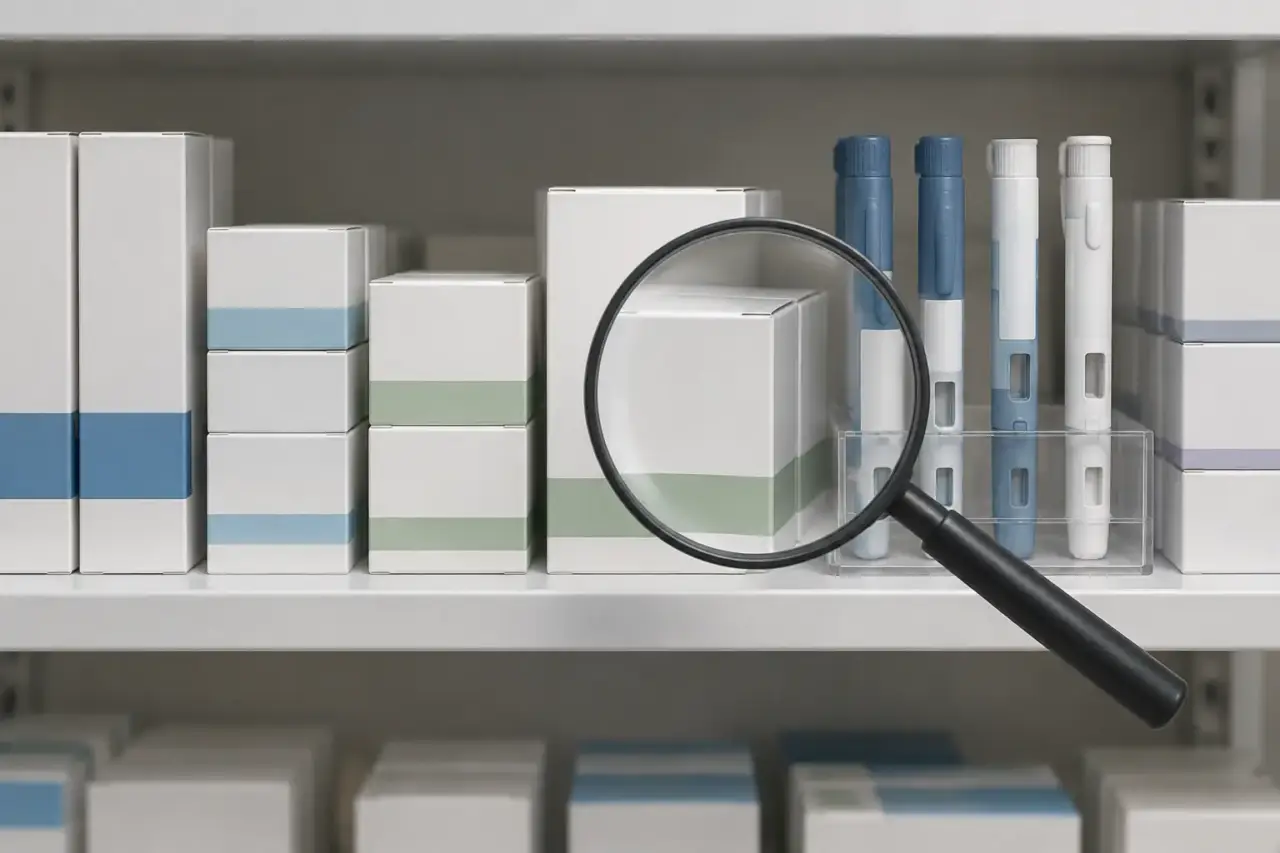 counterfeit Ozempic — Illustration of unbranded medicine packaging and injection pens beside a magnifying glass.