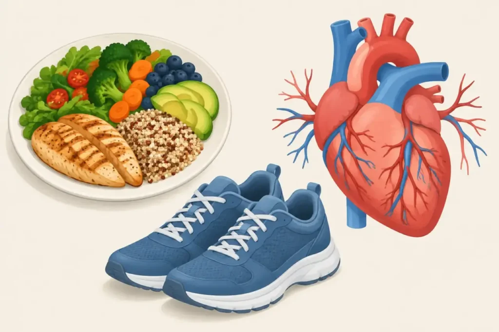 cholesterol and heart health — Illustration of a heart, walking shoes, and a balanced meal representing heart-healthy habits.