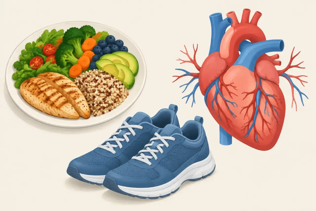 cholesterol and heart health — Illustration of a heart, walking shoes, and a balanced meal representing heart-healthy habits.