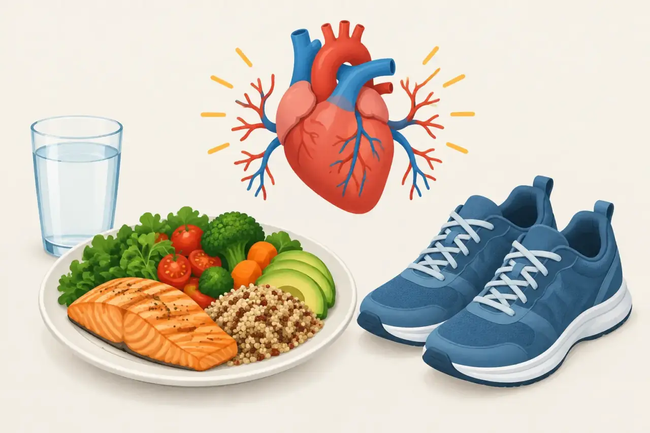 cholesterol and heart health — Illustration of a heart, walking shoes, and a balanced meal representing heart-healthy habits.