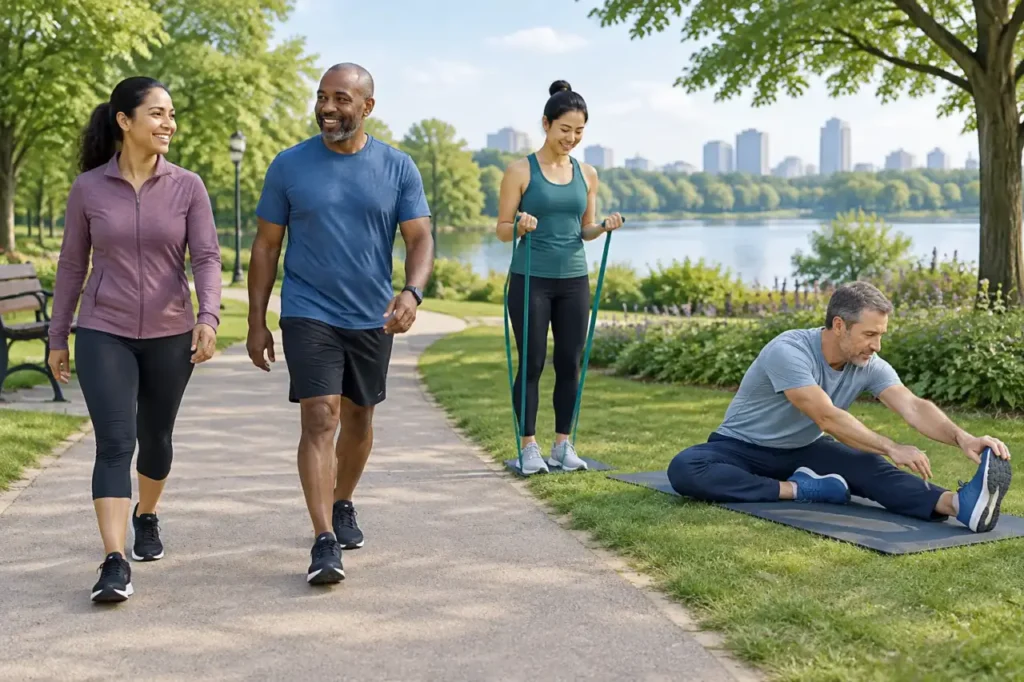 physical activity basics — Illustration of adults walking, using a resistance band, and stretching.