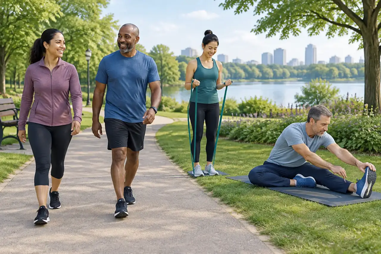 physical activity basics — Illustration of adults walking, using a resistance band, and stretching.