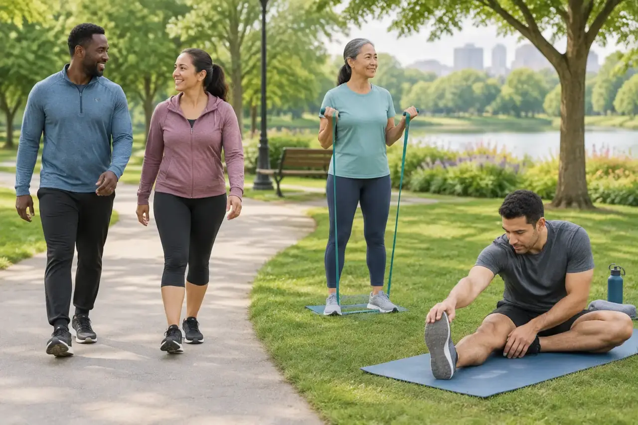physical activity basics — Illustration of adults walking, using a resistance band, and stretching.