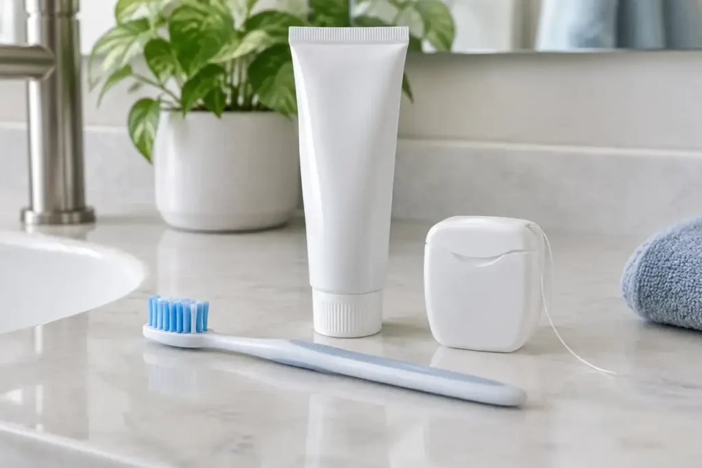 everyday dental care — Toothbrush, toothpaste tube, and floss container on a bathroom counter.