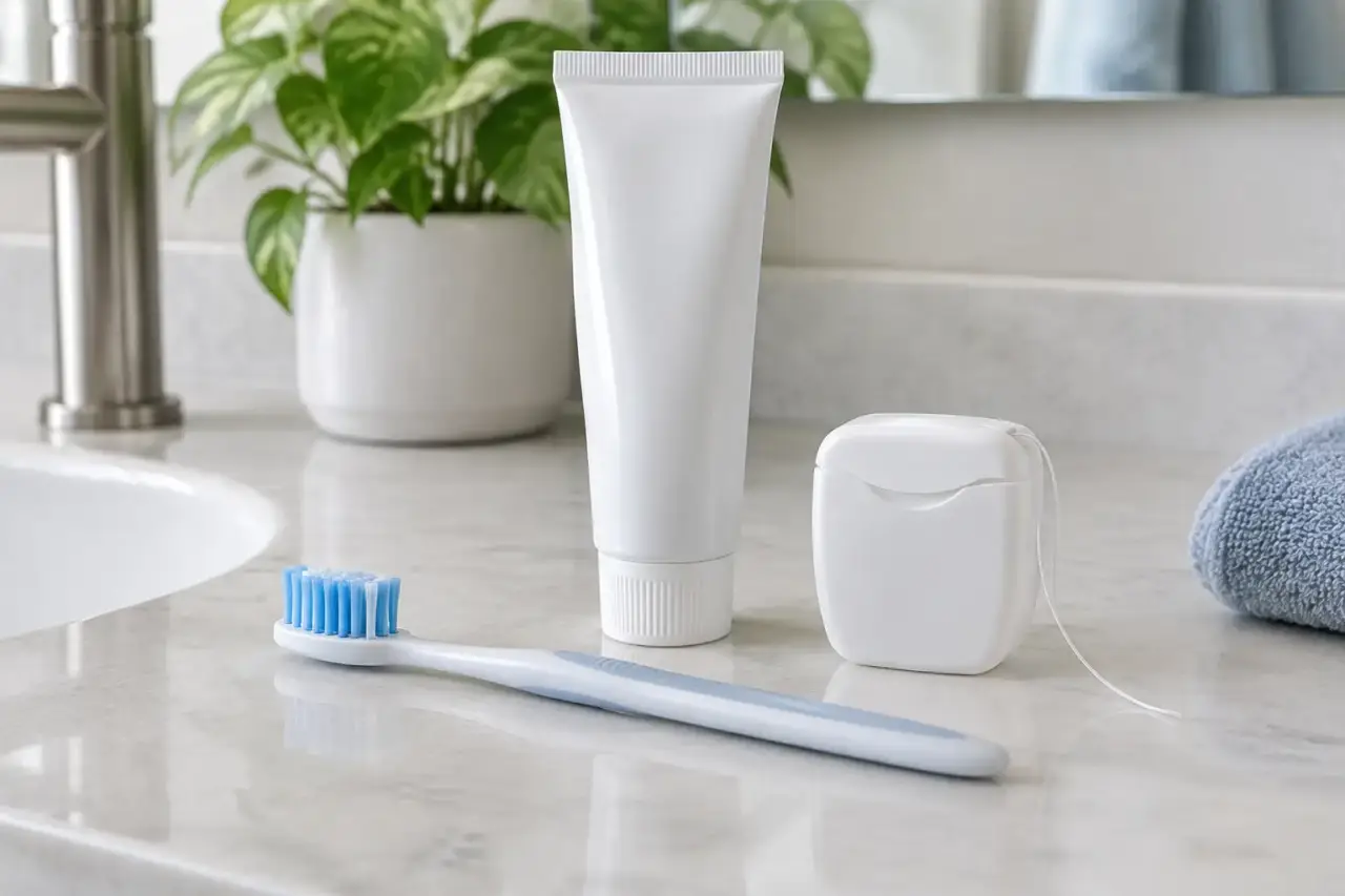 everyday dental care — Toothbrush, toothpaste tube, and floss container on a bathroom counter.