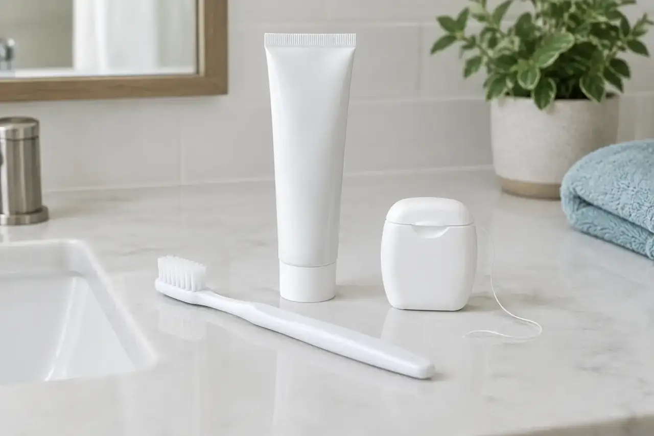 everyday dental care — Toothbrush, toothpaste tube, and floss container on a bathroom counter.