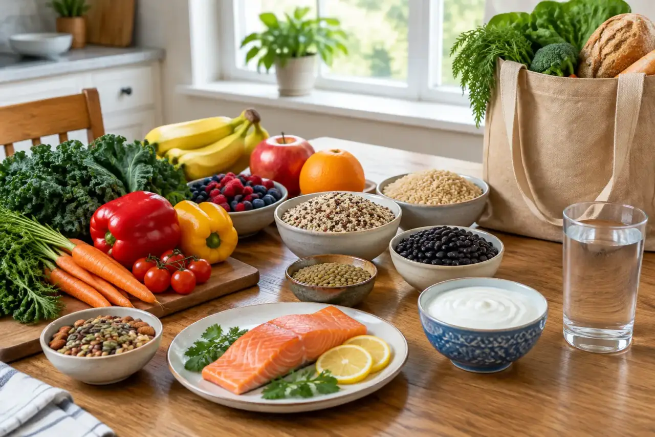 healthy eating — Vegetables, fruit, whole grains, beans, fish, yogurt, and water arranged on a kitchen table.