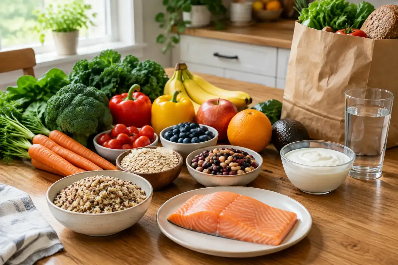 healthy eating — Vegetables, fruit, whole grains, beans, fish, yogurt, and water arranged on a kitchen table.