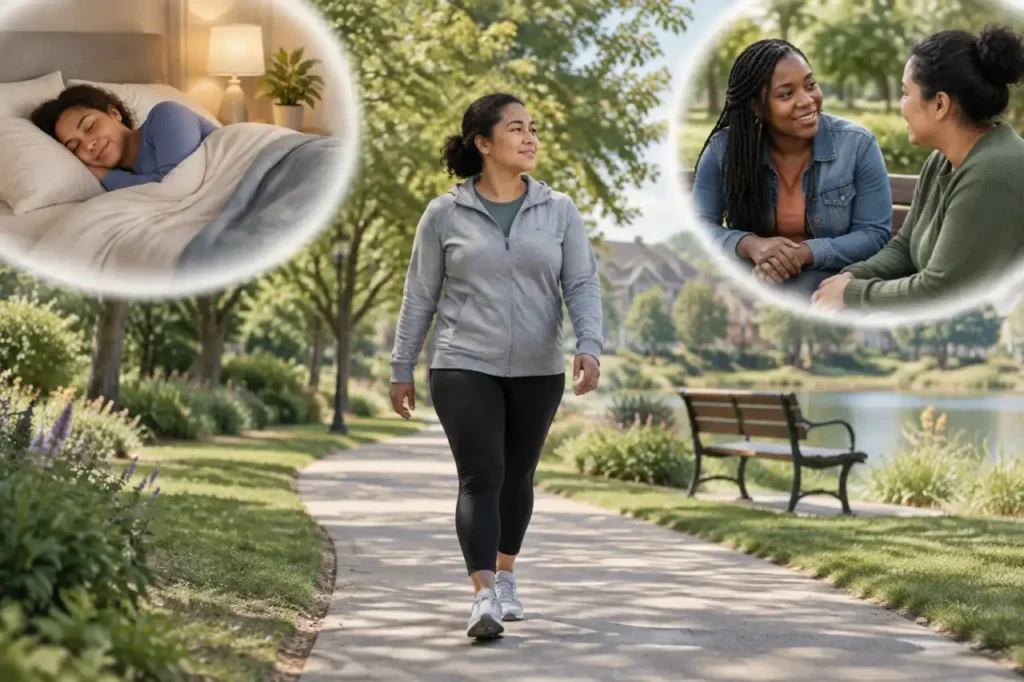managing stress — Illustration of walking, restful sleep, and supportive conversation as everyday stress-management habits.