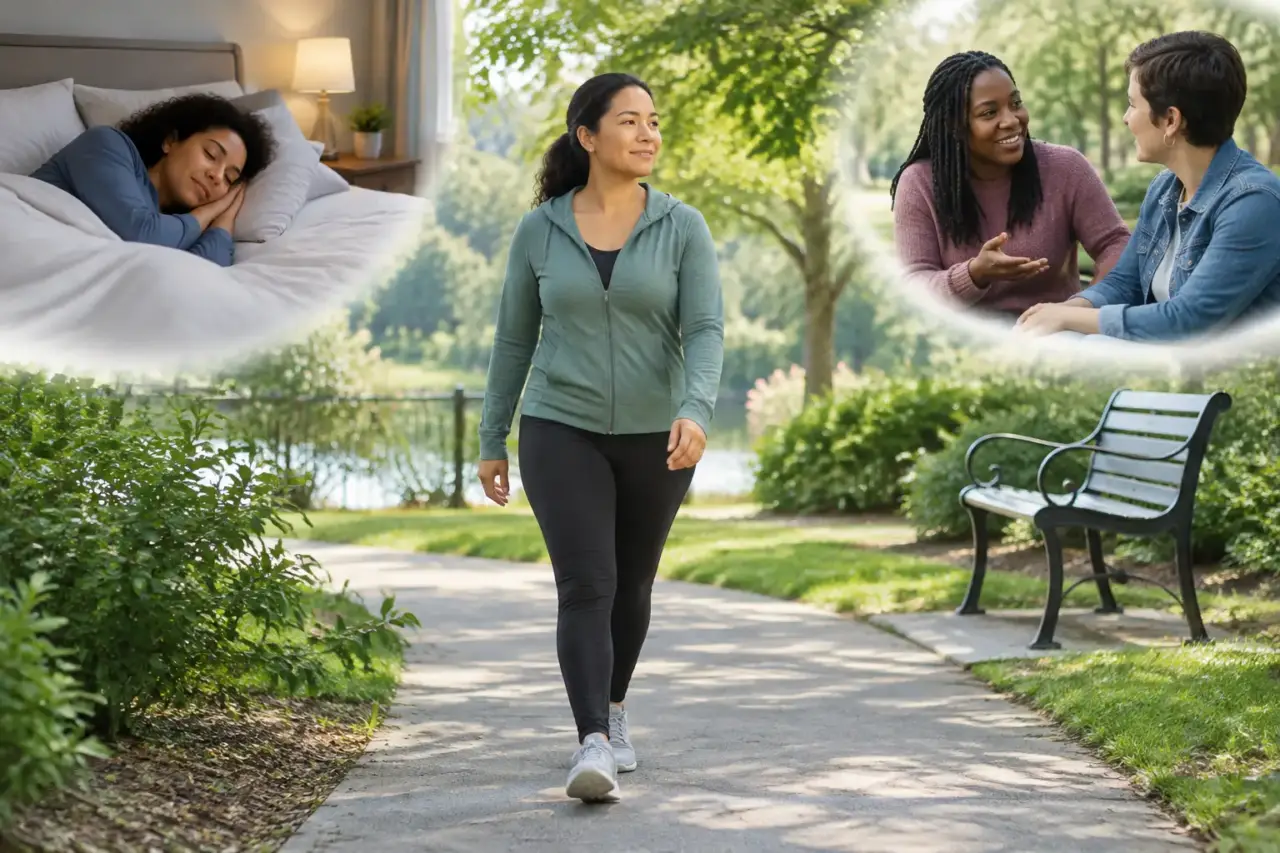 managing stress — Illustration of walking, restful sleep, and supportive conversation as everyday stress-management habits.