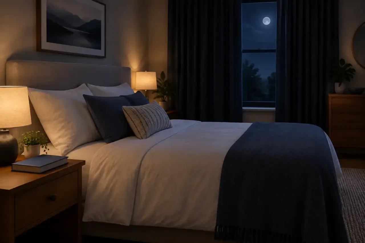 adult sleep needs — Quiet bedroom with dark curtains, soft lighting, and a book beside the bed.