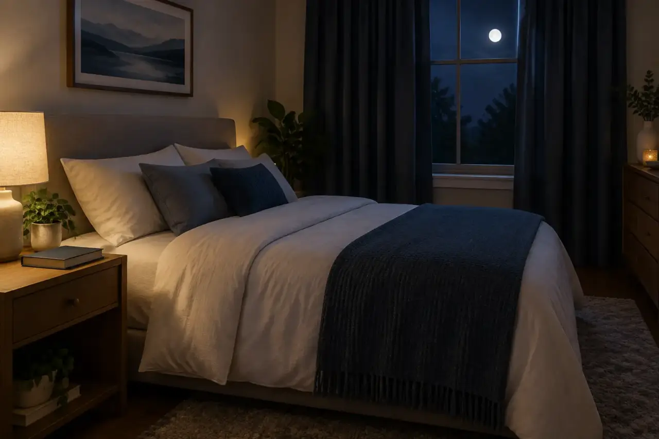 adult sleep needs — Quiet bedroom with dark curtains, soft lighting, and a book beside the bed.