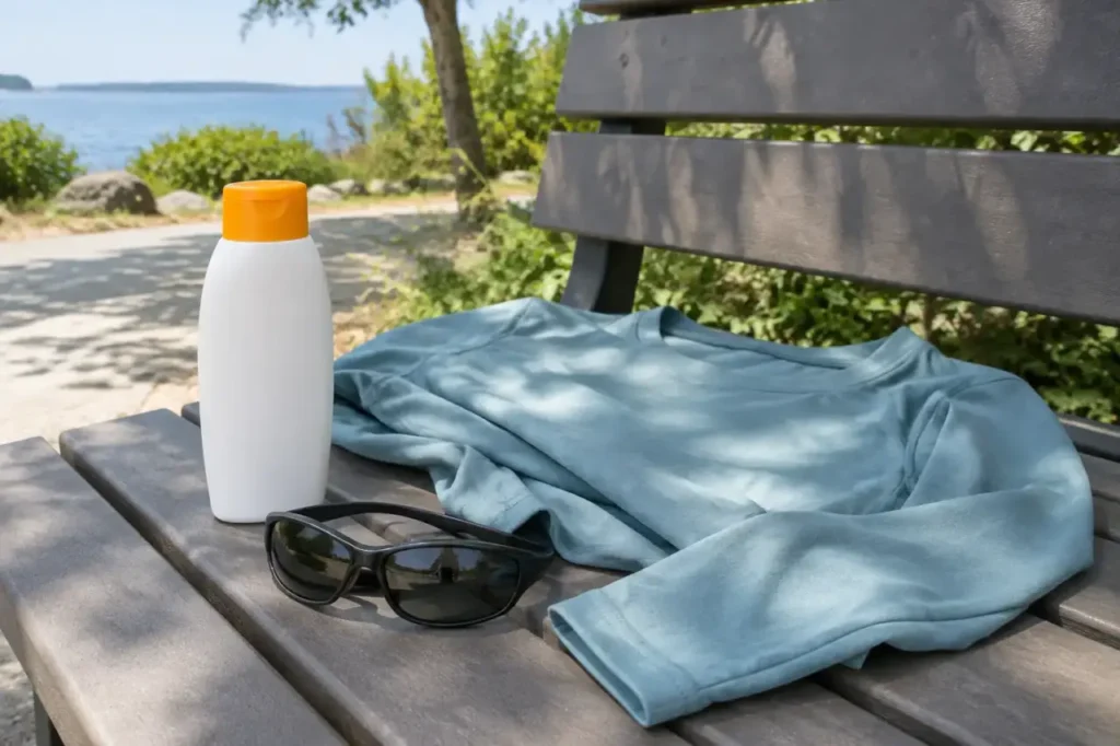 sun protection — Sunscreen, a long-sleeved shirt, and wraparound sunglasses arranged on an outdoor bench.