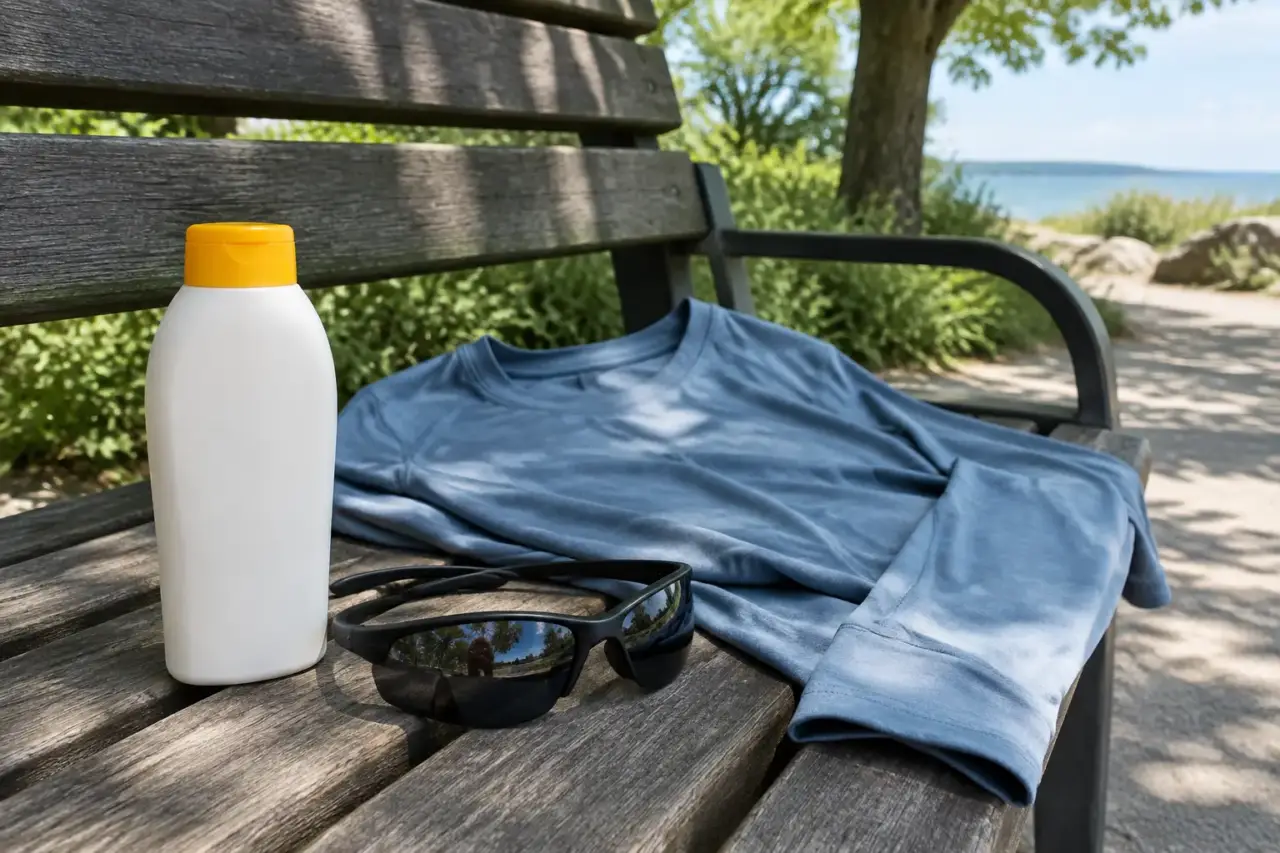 sun protection — Sunscreen, a long-sleeved shirt, and wraparound sunglasses arranged on an outdoor bench.