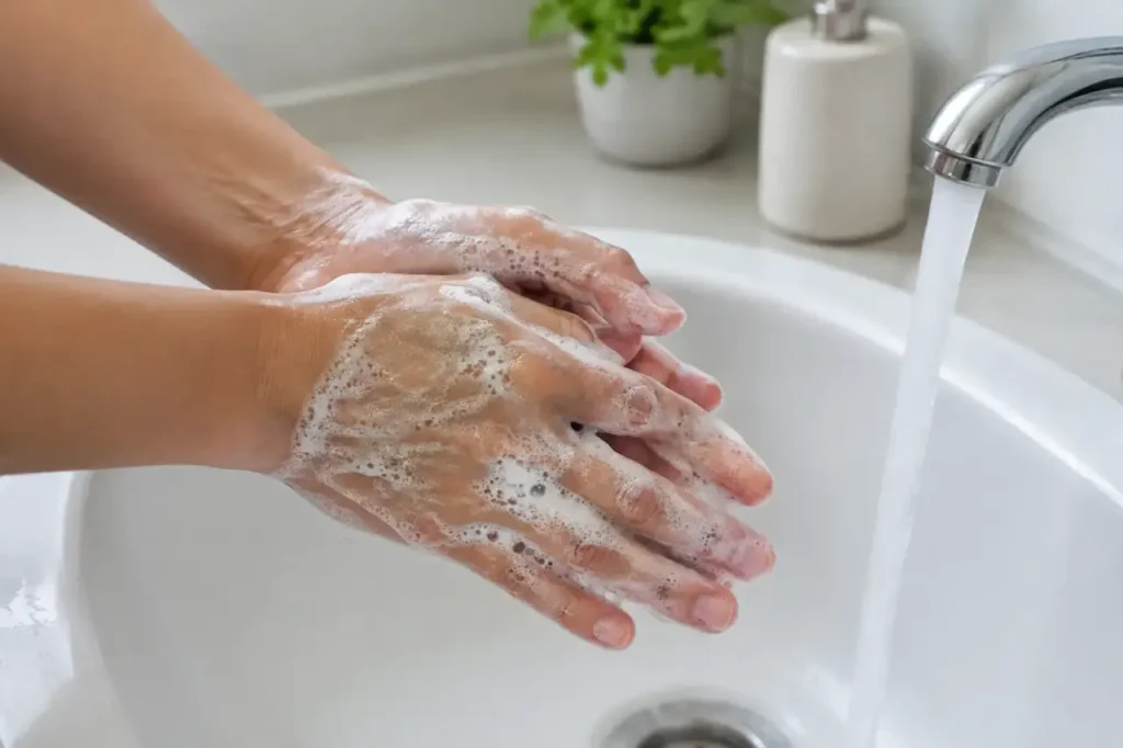 proper handwashing — Hands lathered with soap over a household sink.