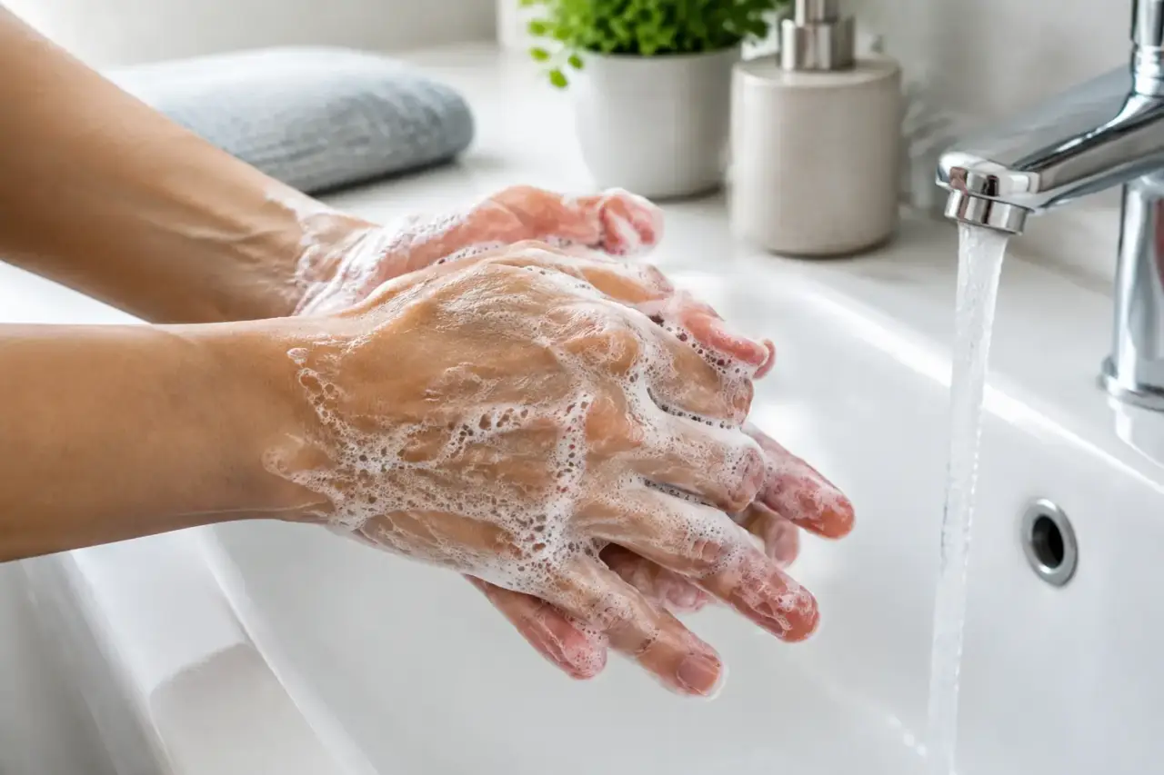 proper handwashing — Hands lathered with soap over a household sink.