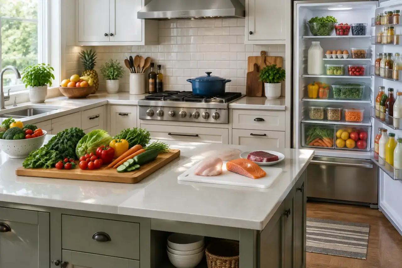 food safety at home — Home kitchen with produce, clean utensils, separate food preparation areas, and refrigerated groceries.
