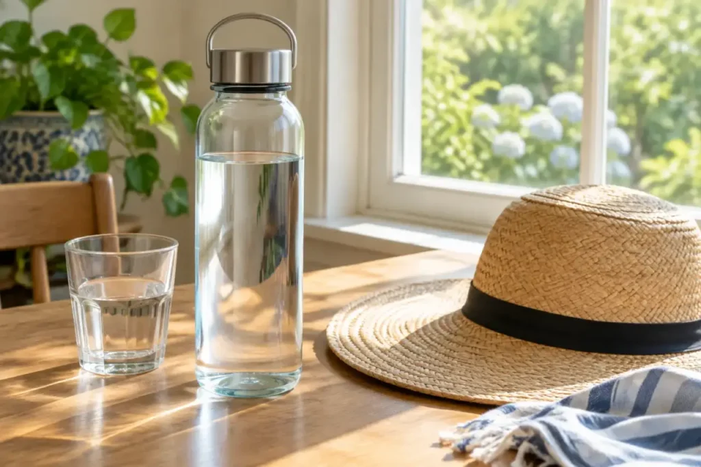 preventing dehydration — A glass of water and reusable bottle on a table beside a sun hat.