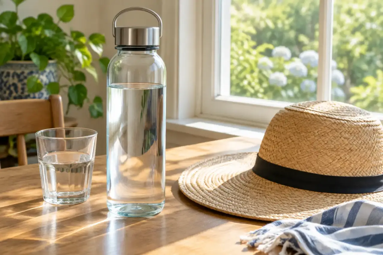 preventing dehydration — A glass of water and reusable bottle on a table beside a sun hat.