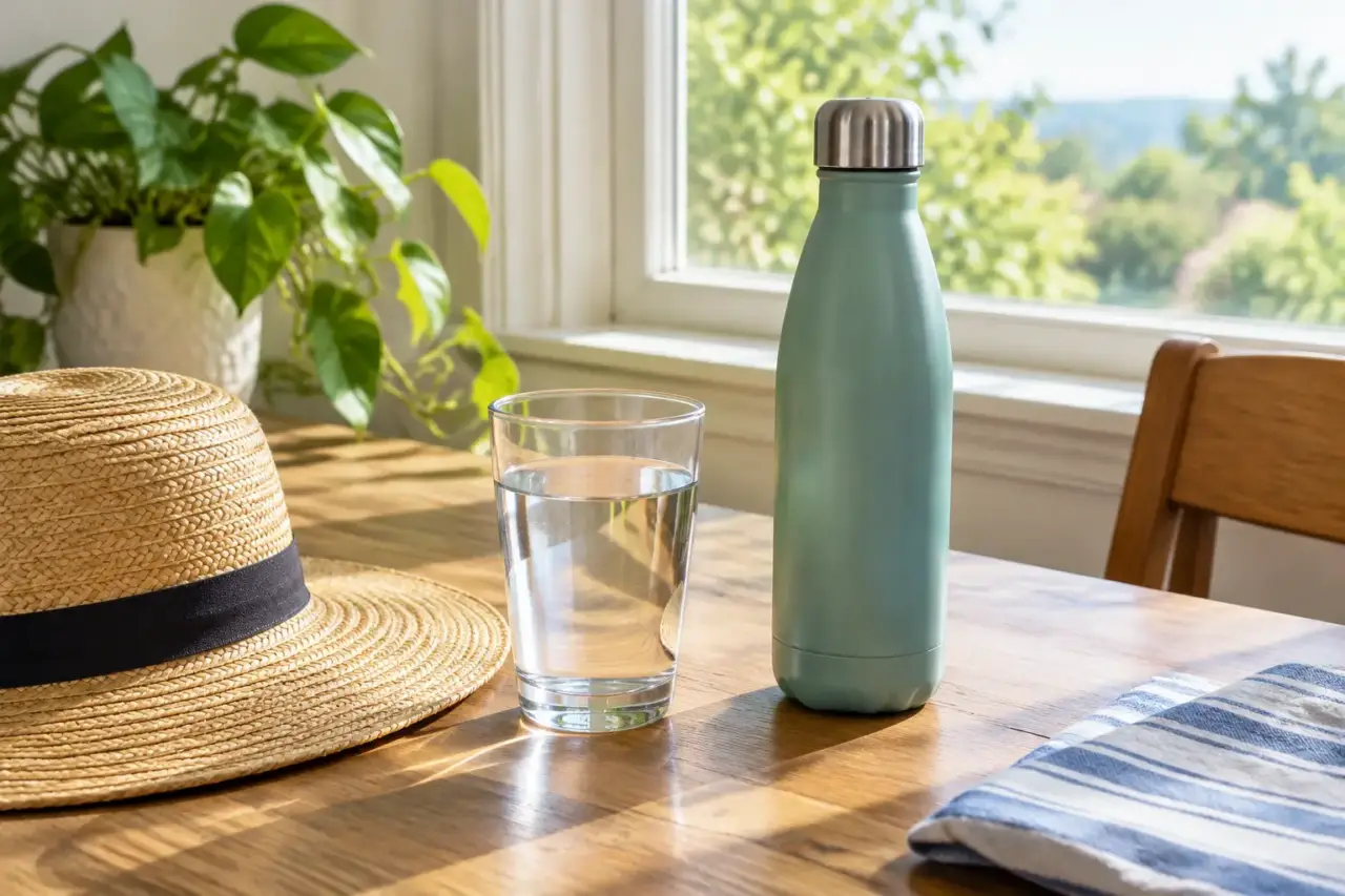 preventing dehydration — A glass of water and reusable bottle on a table beside a sun hat.