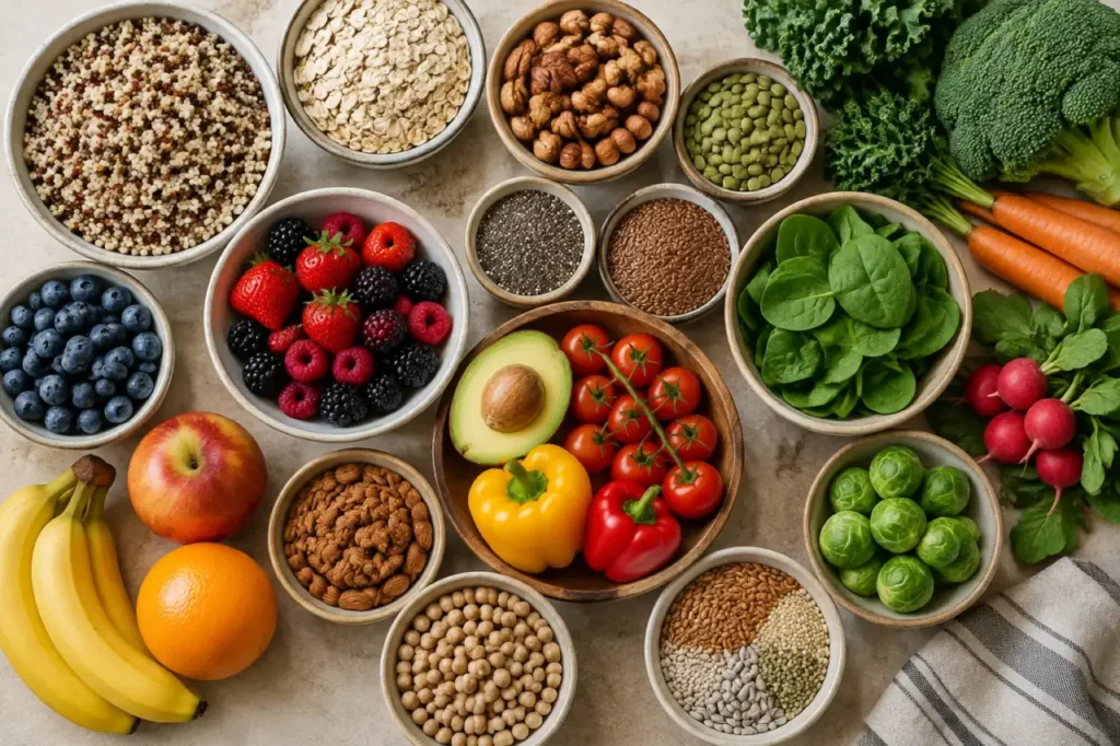 dietary fiber and digestion — Whole grains, nuts, seeds, fruits, and vegetables arranged on a table.