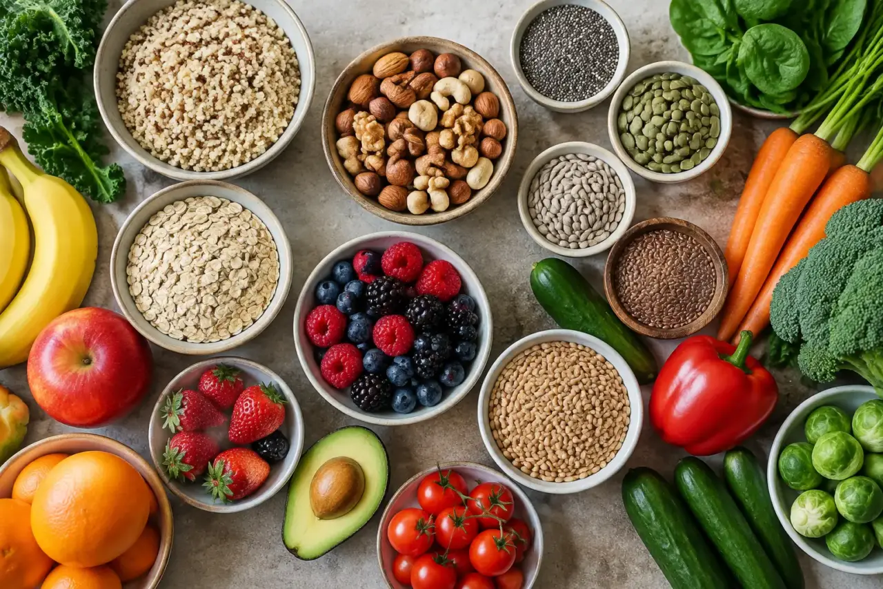 dietary fiber and digestion — Whole grains, nuts, seeds, fruits, and vegetables arranged on a table.