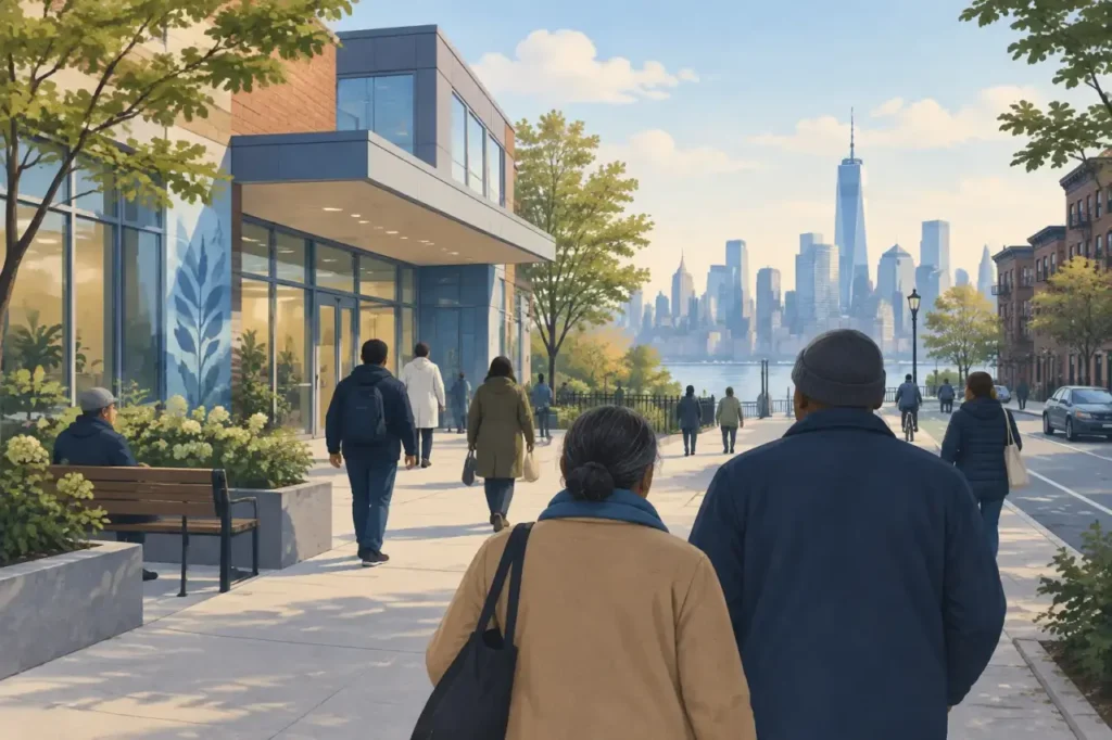 WTC Health Program — Illustration of a New York City neighborhood and health center representing long-term community care.
