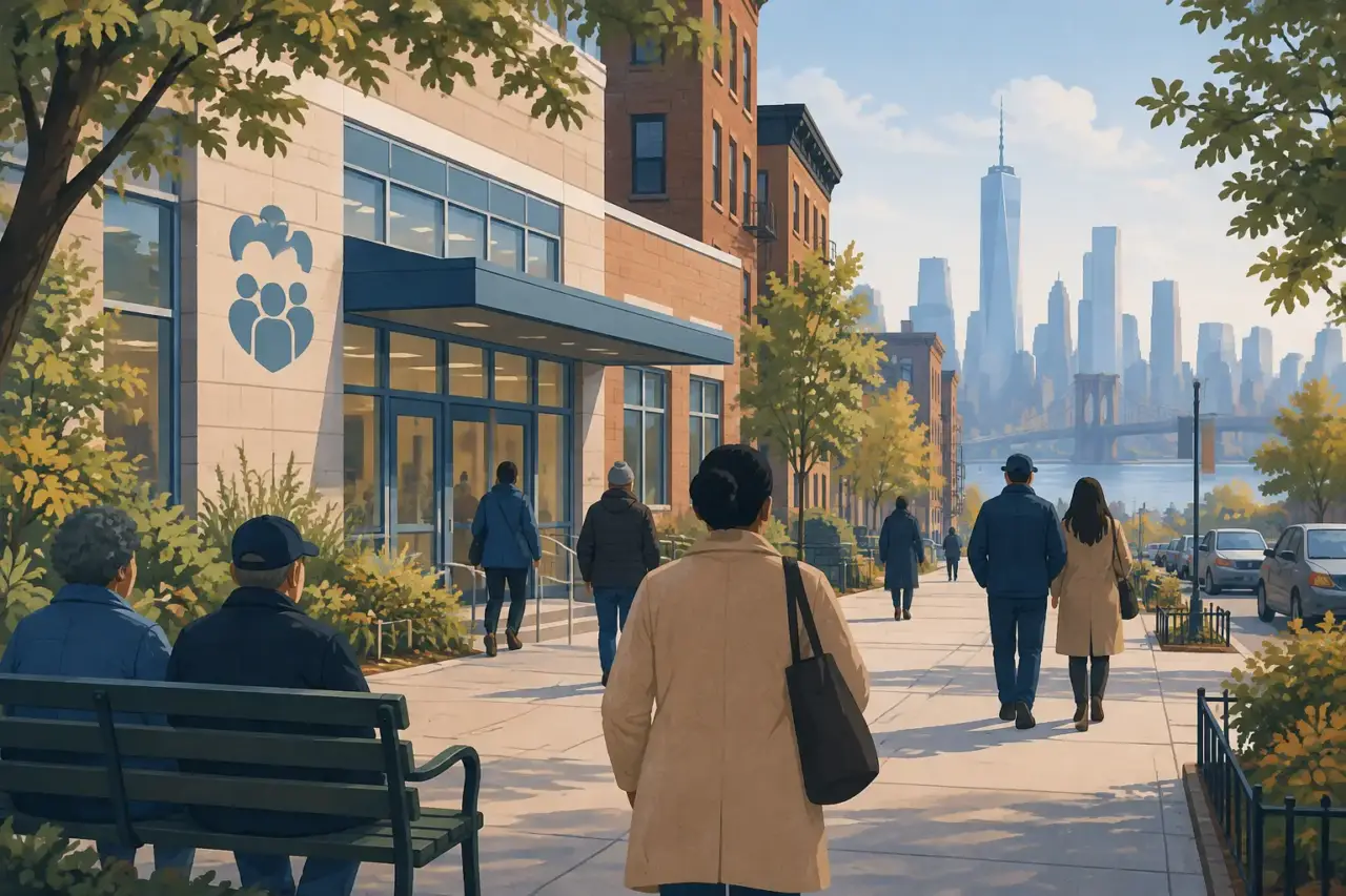 WTC Health Program — Illustration of a New York City neighborhood and health center representing long-term community care.
