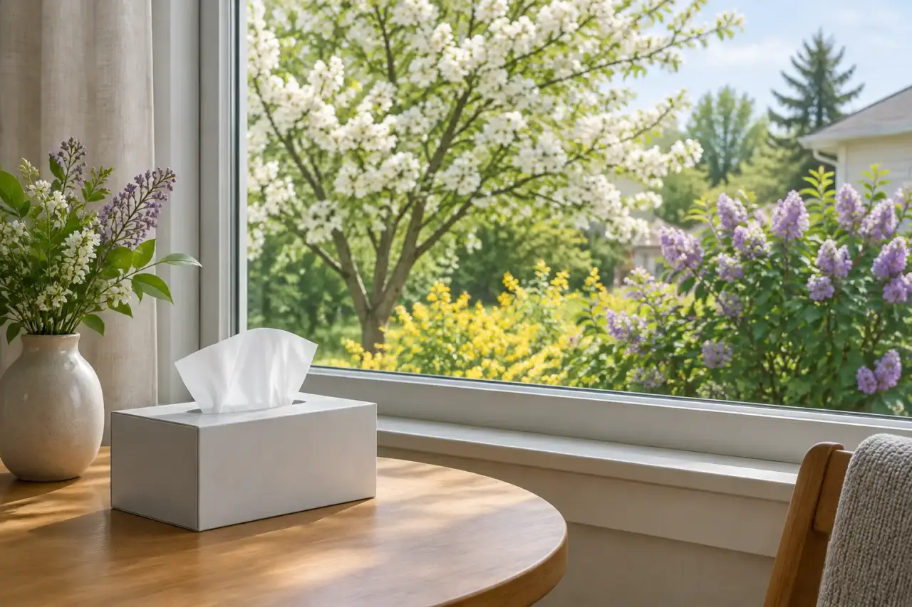 seasonal allergies — Flowering plants outside a home window with a tissue box on a nearby table.